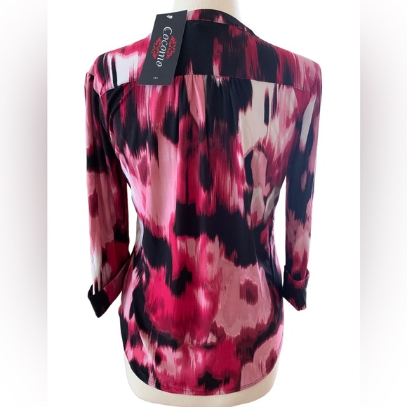 COCOMO Small Red pink white 3/4 sleeve women's Pin tuck Blouse top shirt - Picture 3 of 12
